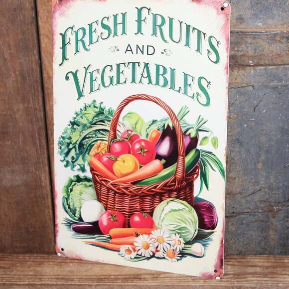 NEW Vintage Inspired FRUITS & VEGETABLES Metal Farmhouse Wall Decor Sign - Picture 3 of 4